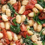 Gnocchis vegan et sans gluten servis avec tomates cerises et épinards