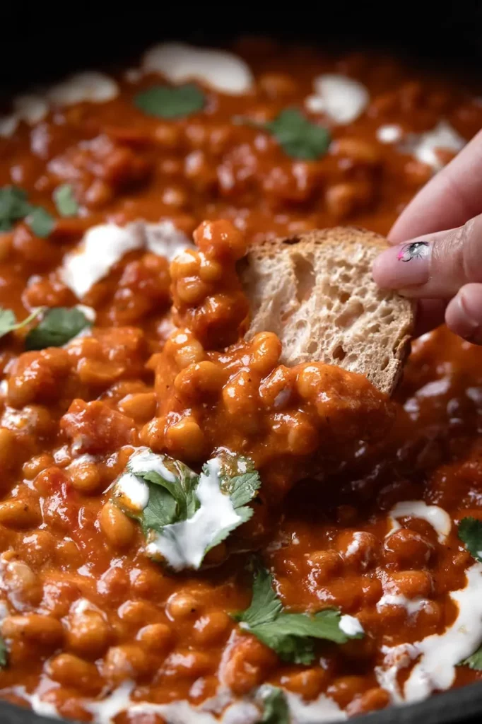 Ragoût de haricots blancs à la tomate servi avec une touche crémeuse