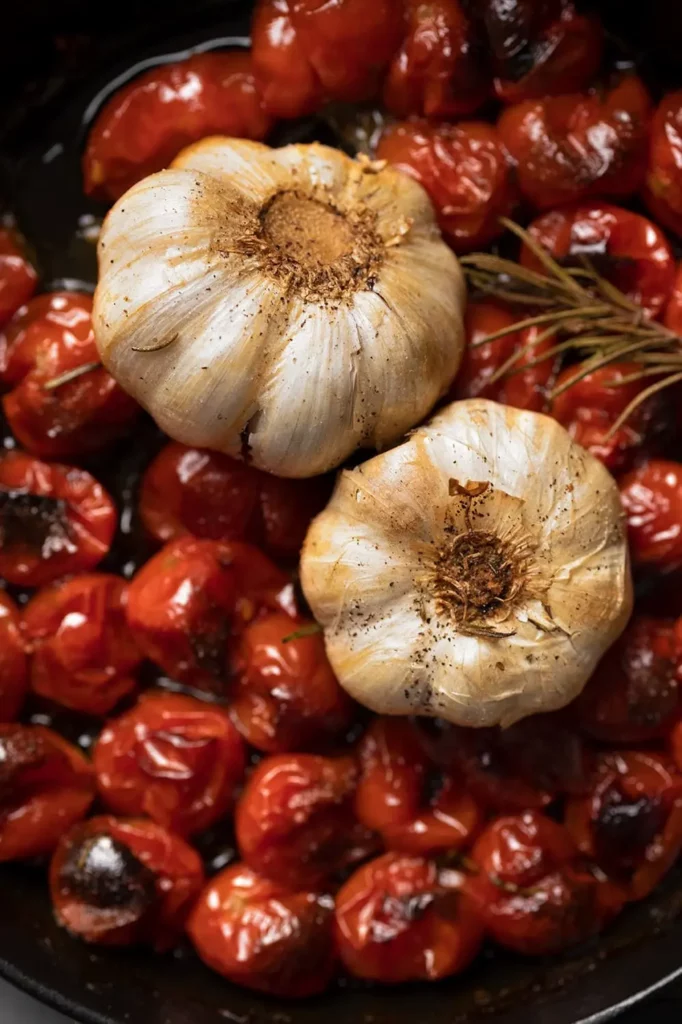 Plat de tomates cerises rôties avec ail, thym et romarin